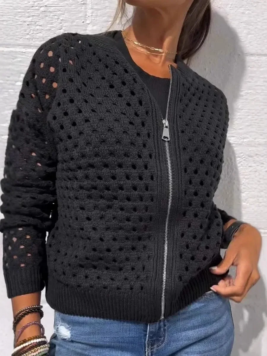 2025 new European beautiful women's casual fashion hollow knitted sweater zipper jacket clip
2025 new European beautiful women's casual fashion hollow knitted sweater zipper jacket clip