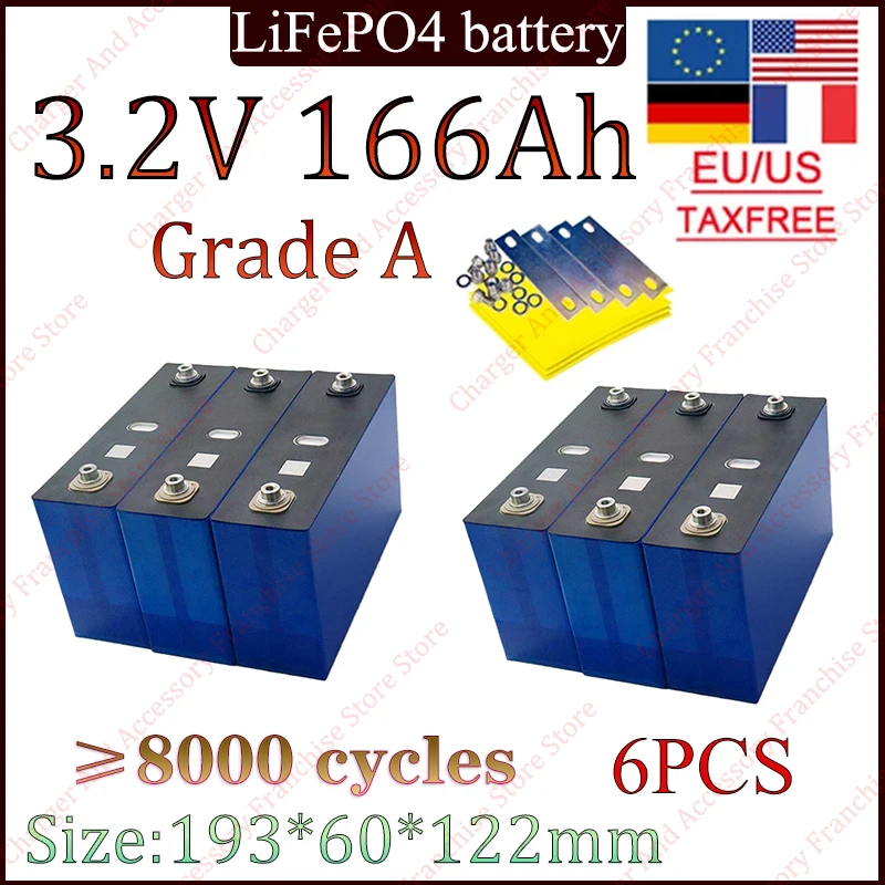 6PCS New 3.2V 166Ah 170Ah LiFePO4 Batteries For 12V Solar Energy Storage RV Travel Backup Portable Batteries Grade A Tax Free
6PCS New 3.2V 166Ah 170Ah LiFePO4 Batteries For 12V Solar Energy Storage RV Travel Backup Portable Batteries Grade A Tax Free