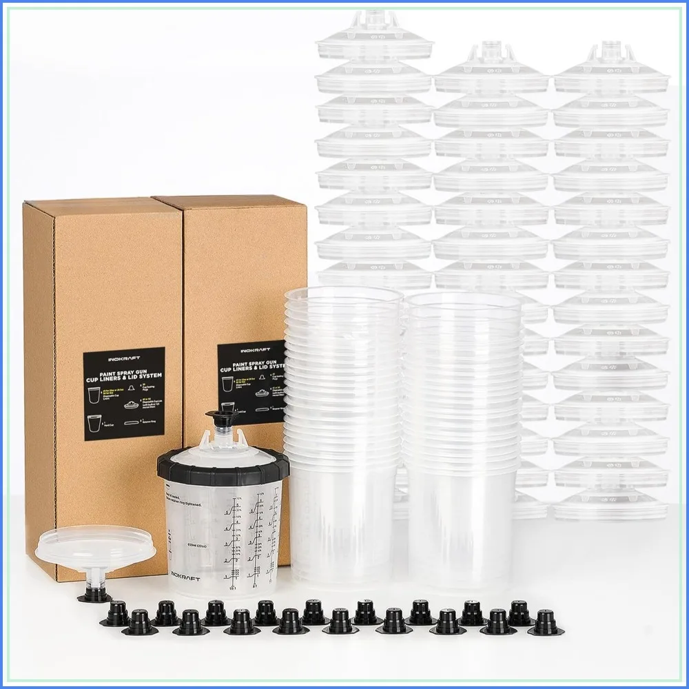 Disposable Paint Spray Gun Cup System, 22oz (650ml) Kit with 45 Cup Liners, Lids & Plugs for HVLP/LVLP Spray Guns
Disposable Paint Spray Gun Cup System, 22oz (650ml) Kit with 45 Cup Liners, Lids & Plugs for HVLP/LVLP Spray Guns