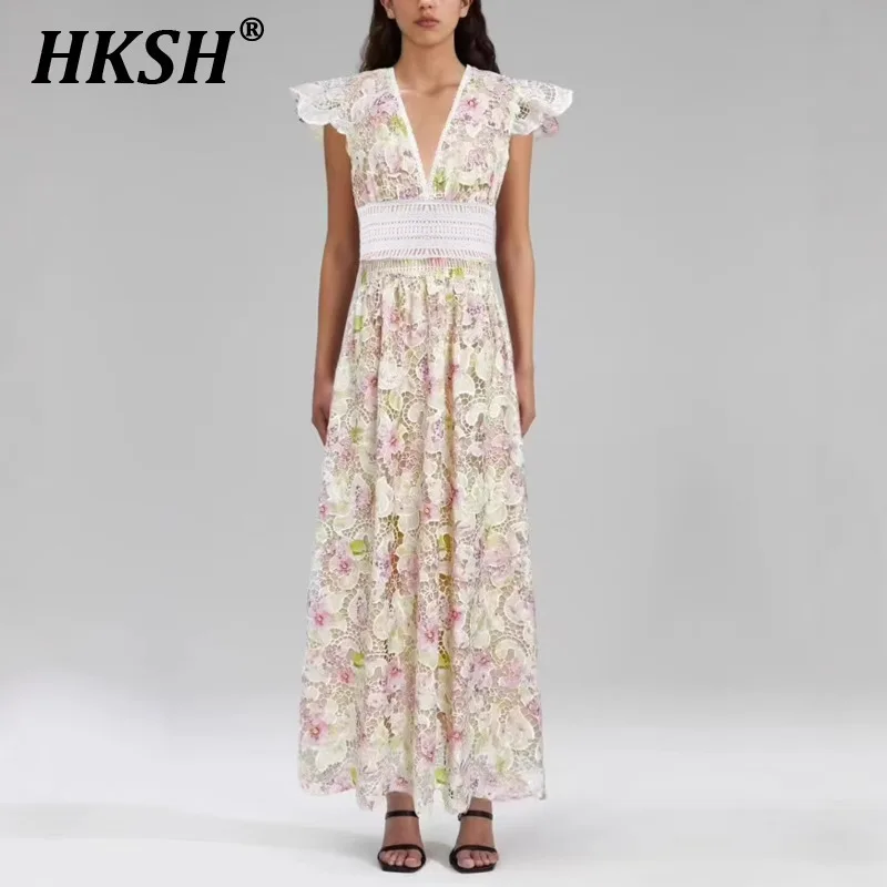 HKSH Summer New Women Chic Sweet Elegant Trendy V-neck Printed Lace Hollow Out Waist Cinching Draped Ruffles Long Dresses HK6314
HKSH Summer New Women Chic Sweet Elegant Trendy V-neck Printed Lace Hollow Out Waist Cinching Draped Ruffles Long Dresses HK6314