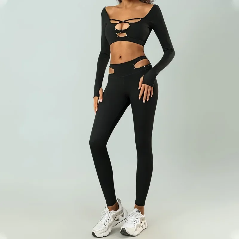 Seamless Button Yoga Sets Women Red Black Hollow Out Long Sleeve Top High Waistg Quick Drying Exercise Legging Two-piece Set
Seamless Button Yoga Sets Women Red Black Hollow Out Long Sleeve Top High Waistg Quick Drying Exercise Legging Two-piece Set