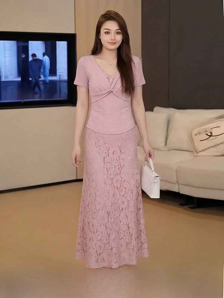 Pink Lace Short Sleeve Set plus Size Women's Summer Gentle Atmosphere Sense Half Skirt Sleeve Top Fashionable Commute Style
Pink Lace Short Sleeve Set plus Size Women's Summer Gentle Atmosphere Sense Half Skirt Sleeve Top Fashionable Commute Style