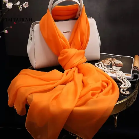 Fimtariah   Orange yellow Wraps for Ladies Solid  Foulard Femme Lady  100% Real Silk Scarf Women  Silk Shawls