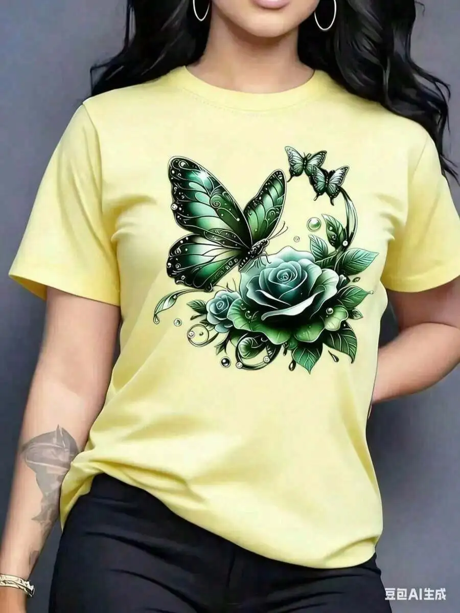 Womens Yellow Graphic T-Shirt With Green Butterfly And Rose Print Cotton Round Neck Casual Top
Womens Yellow Graphic T-Shirt With Green Butterfly And Rose Print Cotton Round Neck Casual Top