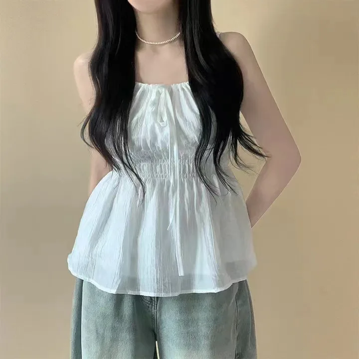 Women's Vest Strap Korean Sle Lazy Sweet Spicy ort irt Chiffon Belted Pleated Slimming Casual Sexy Top Summer 2025
Women's Vest Strap Korean Sle Lazy Sweet Spicy ort irt Chiffon Belted Pleated Slimming Casual Sexy Top Summer 2025