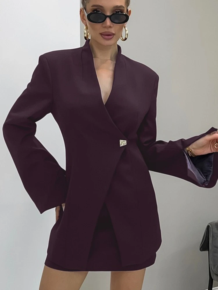 FDYOUI Женский костюм с v-образным вырезом на одной пуговице и длинными рукавами и юбки, комплект из двух предметов, женский элегантный фиолетовый пиджак, платье, костюмы High Street
FDYOUI Женский костюм с v-образным вырезом на одной пуговице и длинными рукавами и юбки, комплект из двух предметов, женский элегантный фиолетовый пиджак, платье, костюмы High Street