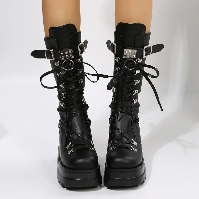 Goth Platform Boots Women Punk Style Lace-Up Mid-Calf Boots with Buckle Strap Fashion Motorcycle Combat Boots for Party Cosplay
Goth Platform Boots Women Punk Style Lace-Up Mid-Calf Boots with Buckle Strap Fashion Motorcycle Combat Boots for Party Cosplay