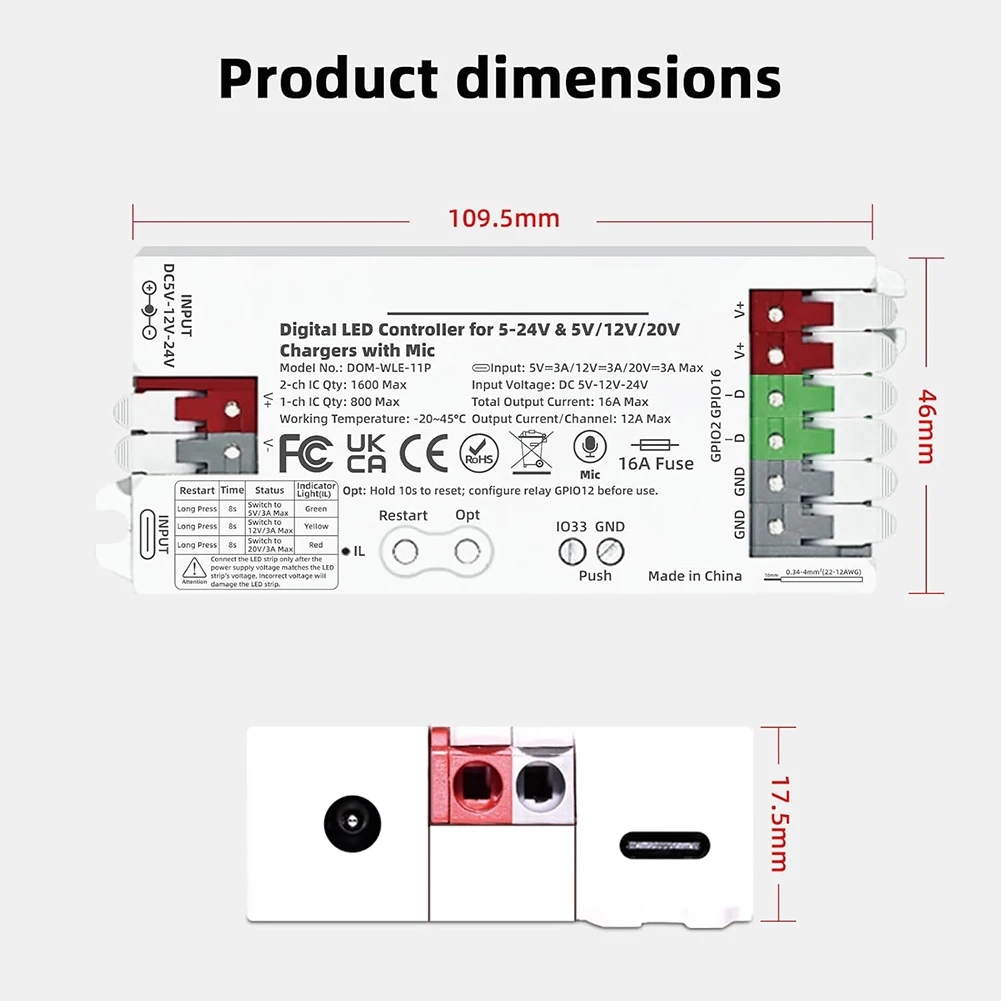 Контроллер для светодиодных лент WS2811 и SK6812 с USB-C PD, 16 А, музыкально-реактивный, 60 Вт, вход USB-C
Контроллер для светодиодных лент WS2811 и SK6812 с USB-C PD, 16 А, музыкально-реактивный, 60 Вт, вход USB-C