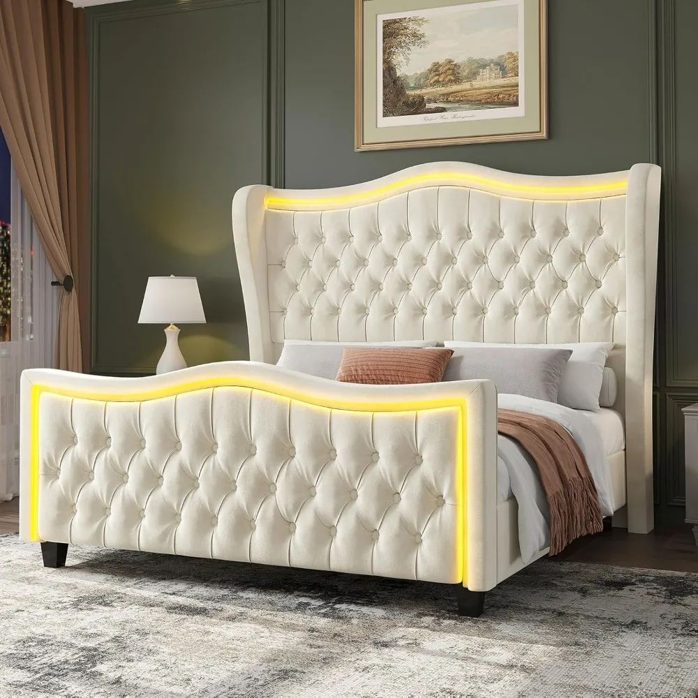 King Size Bed Frame with LED Lights, 53'' Upholstered Platform Wingback Bed with Handmade Deep Button Tufted Headboard Footboard
King Size Bed Frame with LED Lights, 53'' Upholstered Platform Wingback Bed with Handmade Deep Button Tufted Headboard Footboard