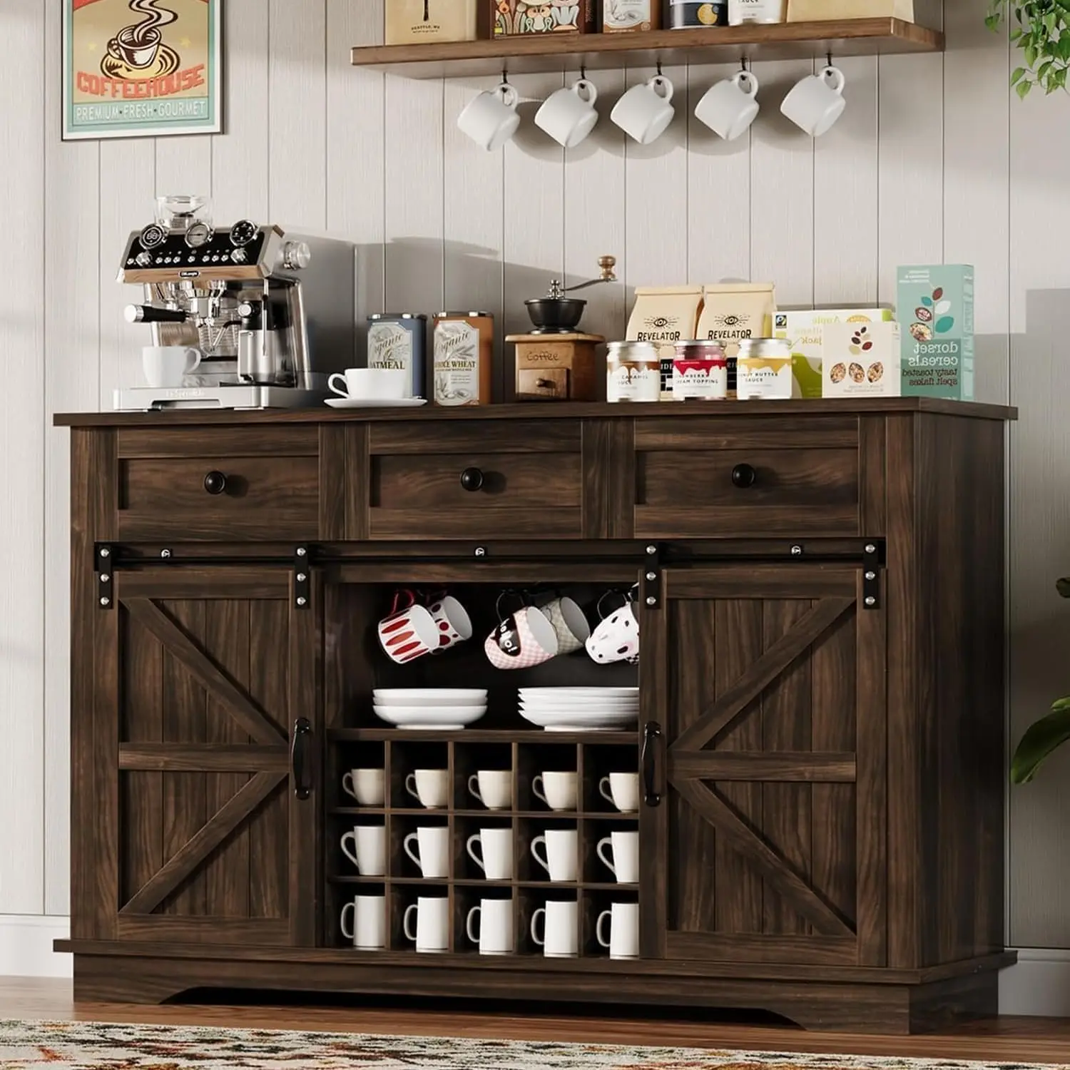 Farmhouse Coffee Bar Cabinet with Storage, 54” Bar Cabinet with 3 Drawers & 15 Wine Racks, Wine Cabinet , Kitchen, Brown
Farmhouse Coffee Bar Cabinet with Storage, 54” Bar Cabinet with 3 Drawers & 15 Wine Racks, Wine Cabinet , Kitchen, Brown