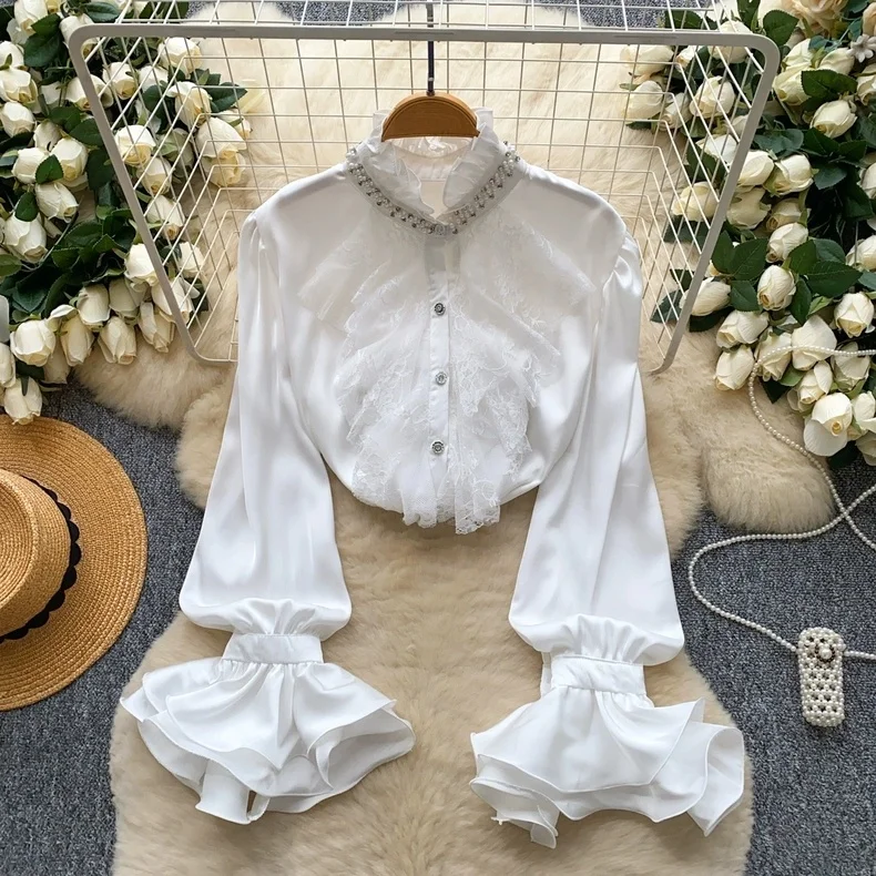 Satin Shirt Women's Stand Collar Bell Sleeve Diamond Embellished Lace Patchwork Single Button Upper Body Fashion
Satin Shirt Women's Stand Collar Bell Sleeve Diamond Embellished Lace Patchwork Single Button Upper Body Fashion