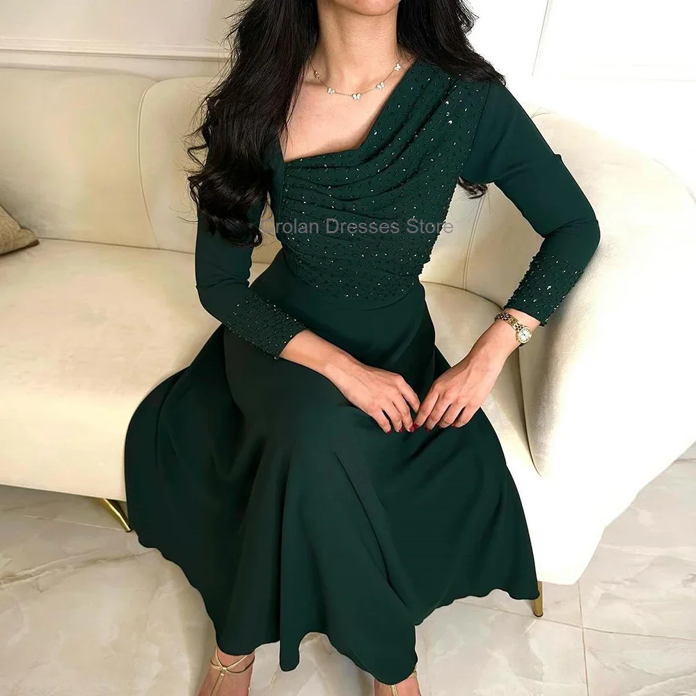 Dark Green Tea Length Prom Dress Scoop Collat Long Sleeves Pleats Jersey Evening Dress Special Occasion Gowns Saudi Arabia
Dark Green Tea Length Prom Dress Scoop Collat Long Sleeves Pleats Jersey Evening Dress Special Occasion Gowns Saudi Arabia