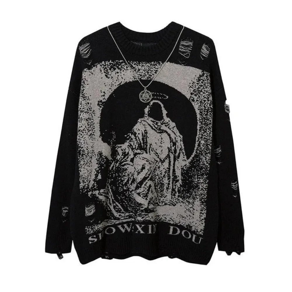 European and American style men's and women's winter gothic punk round neck knitted sweater, distressed top, street Harajuku
European and American style men's and women's winter gothic punk round neck knitted sweater, distressed top, street Harajuku