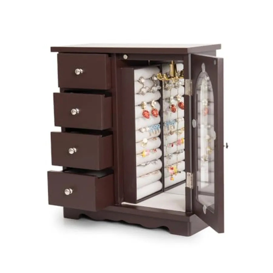 Wooden Jewelry Box with Mirror, Large Capacity Jewelry Organizer with 4 Drawers and Swing Door, Necklace Hooks, Ring Slots, Ele
Wooden Jewelry Box with Mirror, Large Capacity Jewelry Organizer with 4 Drawers and Swing Door, Necklace Hooks, Ring Slots, Ele