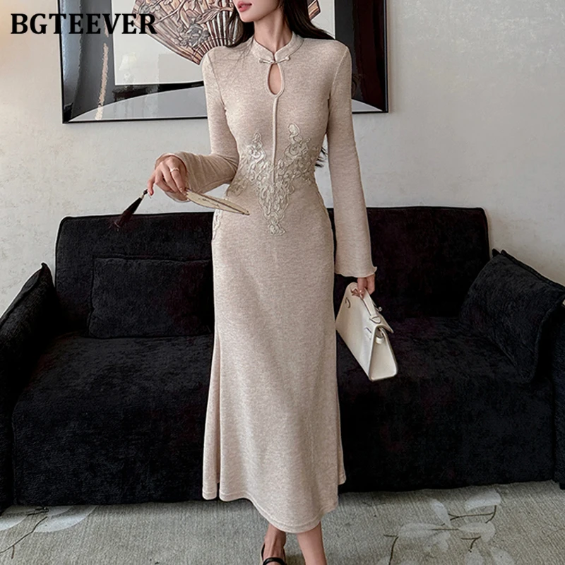 BGTEEVER Elegant Autumn Winter Stand Collar Ladies Embroidery Printed Knitted Package Hip Dress Long Sleeve Women Mermaid Dress
BGTEEVER Elegant Autumn Winter Stand Collar Ladies Embroidery Printed Knitted Package Hip Dress Long Sleeve Women Mermaid Dress