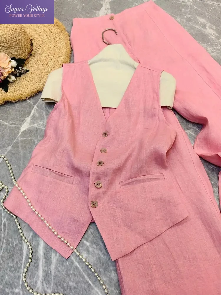 Summer French Fashion V-neck Pink Vest Suit High Waist Wide Leg Pants Set Loose Casual Two Piece Sets Casual Office Lady Outfits
Summer French Fashion V-neck Pink Vest Suit High Waist Wide Leg Pants Set Loose Casual Two Piece Sets Casual Office Lady Outfits
