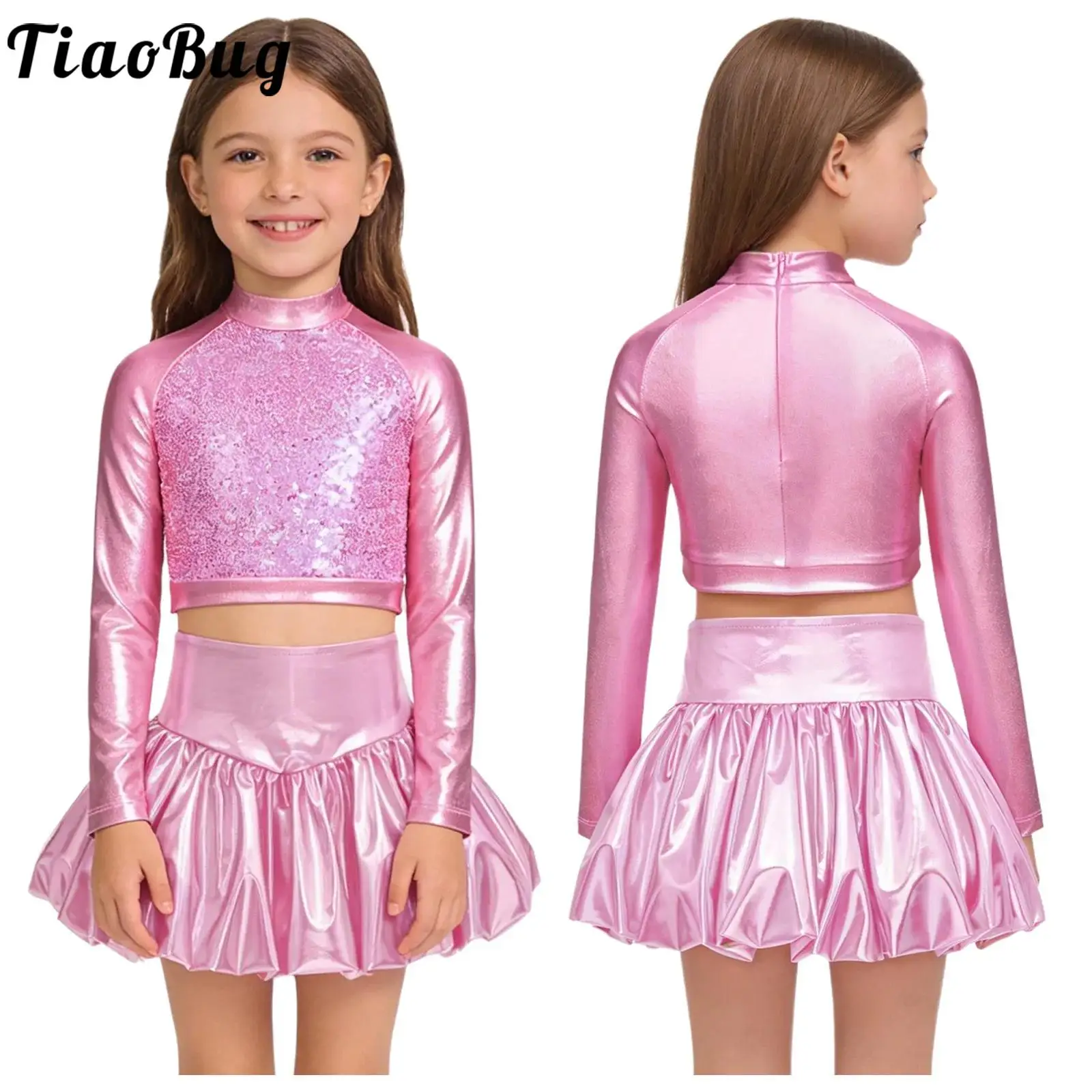 Kids Girls Modern Jazz Street Dance Performance Outfit Shiny Dancing Sets Long Sleeve Sequin Metallic Crop Top with Bubble Skirt
Kids Girls Modern Jazz Street Dance Performance Outfit Shiny Dancing Sets Long Sleeve Sequin Metallic Crop Top with Bubble Skirt
