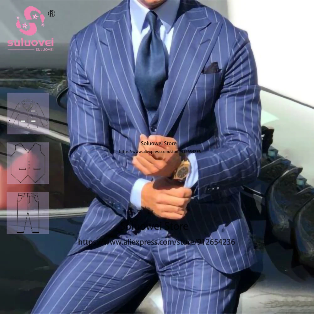 Fashion Striped Peaked Lapel Suits For Men Slim Fit 3 Piece Pants Set Party Prom Groom Wedding Tuxedo Costume Homme Pour Mariage
Fashion Striped Peaked Lapel Suits For Men Slim Fit 3 Piece Pants Set Party Prom Groom Wedding Tuxedo Costume Homme Pour Mariage