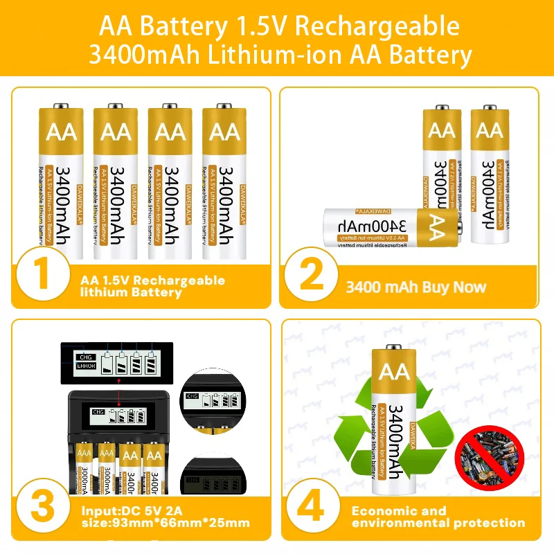 AA Battery 1.5V Li-ion AA Rechargeable Battery 3400mAh AA Lithium-ion Battery for remote control mouse small fan Electric toy
AA Battery 1.5V Li-ion AA Rechargeable Battery 3400mAh AA Lithium-ion Battery for remote control mouse small fan Electric toy