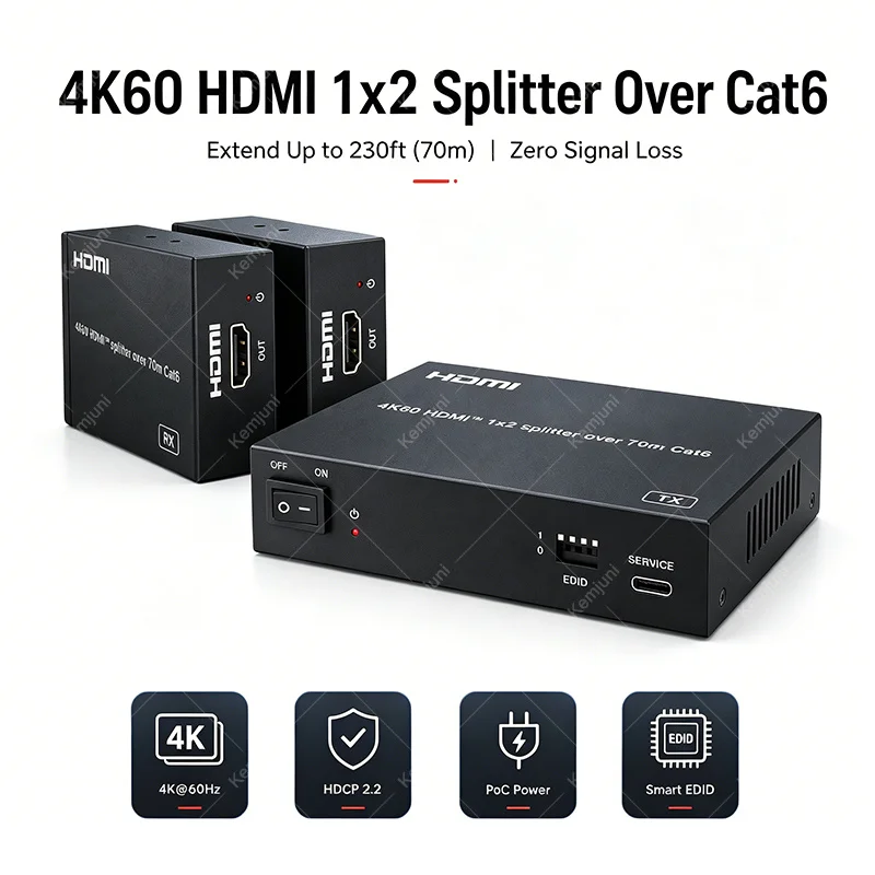 HD 4K60 1x2 HDMI Over CAT Extender 1x4 1x8 70M Transmission Intelligent CAT6 Network Cable EDID Management Supports PoC Function
HD 4K60 1x2 HDMI Over CAT Extender 1x4 1x8 70M Transmission Intelligent CAT6 Network Cable EDID Management Supports PoC Function