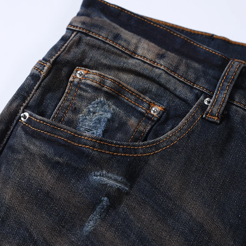 American Fashion New Men's Jeans Washed Nostalgic Perforated Patch Elastic Slimming Deep Blue Cone Pants Y2K
American Fashion New Men's Jeans Washed Nostalgic Perforated Patch Elastic Slimming Deep Blue Cone Pants Y2K
