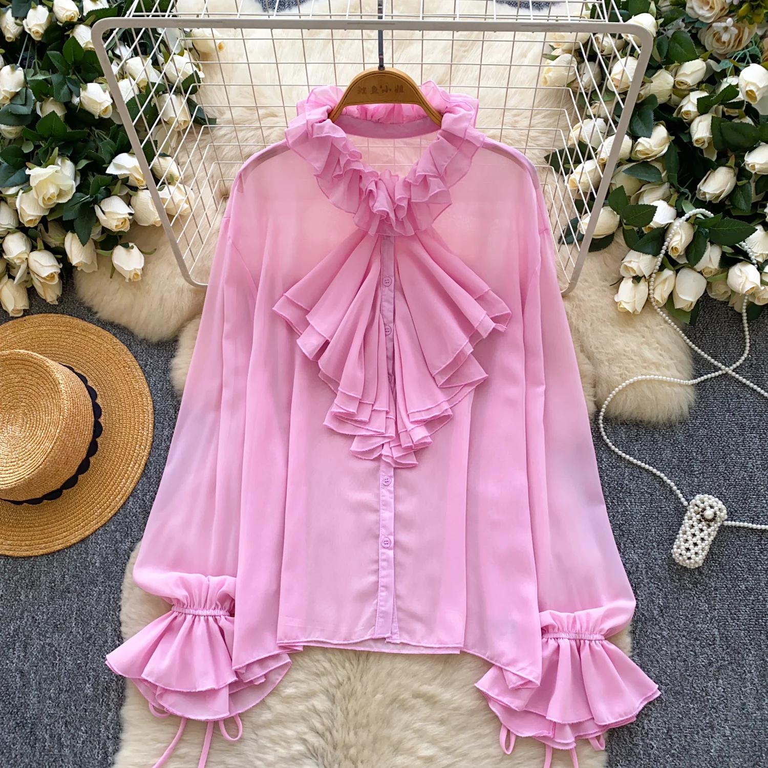 Vintage Elegant ruffle Single Breasted loose Blouse Fashion Shirt Chic Top Fairy autumn women clothing 
Vintage Elegant ruffle Single Breasted loose Blouse Fashion Shirt Chic Top Fairy autumn women clothing