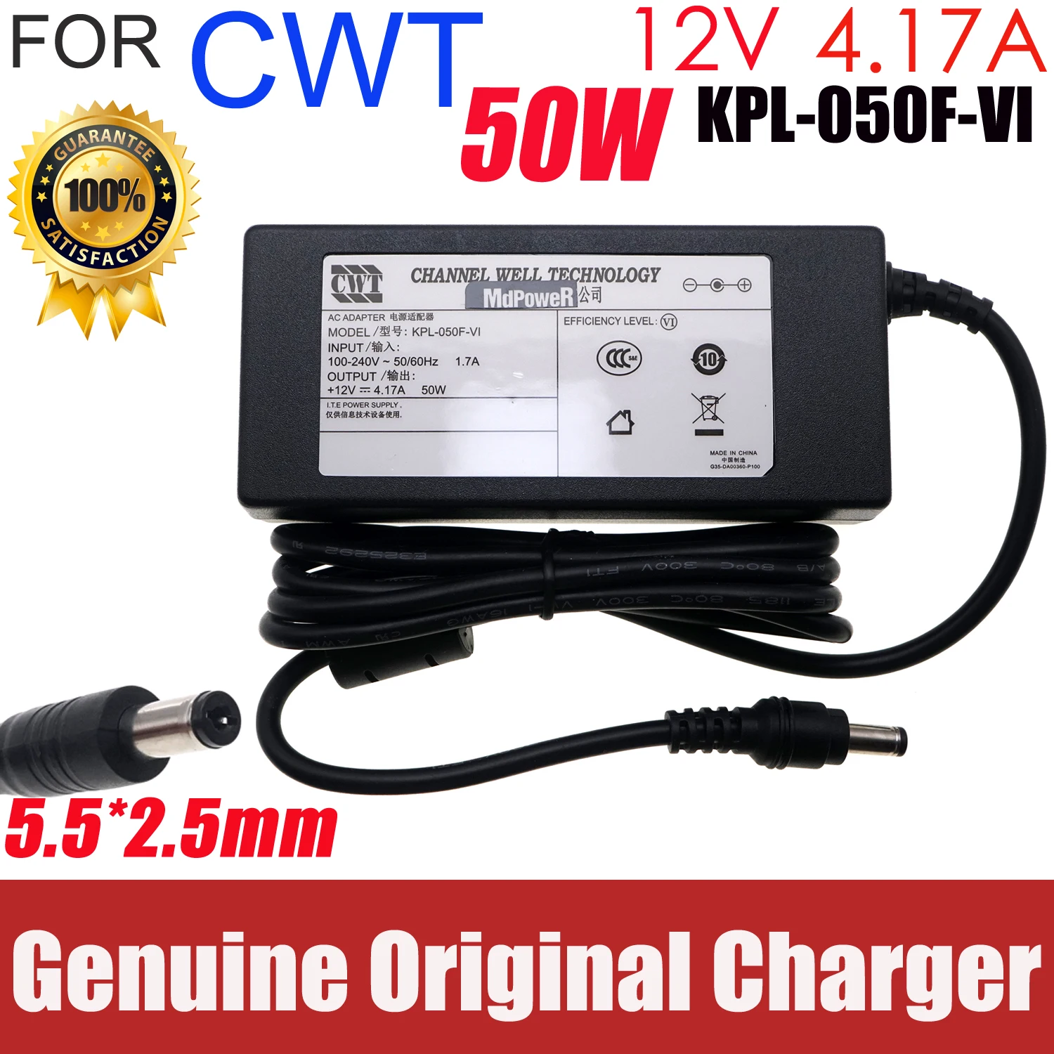 Genuine CWT 12V 4.17A 50W KPL-050F-VI AC Adapter Power Supply Charger 5.5*2.1mm KPL-050F
Genuine CWT 12V 4.17A 50W KPL-050F-VI AC Adapter Power Supply Charger 5.5*2.1mm KPL-050F
