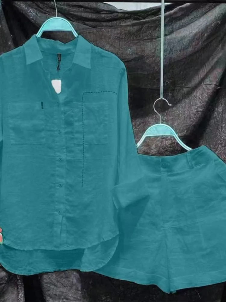 Casual Cotton 2 Piece Set For Women Solid Color Long Sleeve Buttons Shirt Shorts Ladies Suit Loose Beach Holiday Outfits Female
Casual Cotton 2 Piece Set For Women Solid Color Long Sleeve Buttons Shirt Shorts Ladies Suit Loose Beach Holiday Outfits Female
