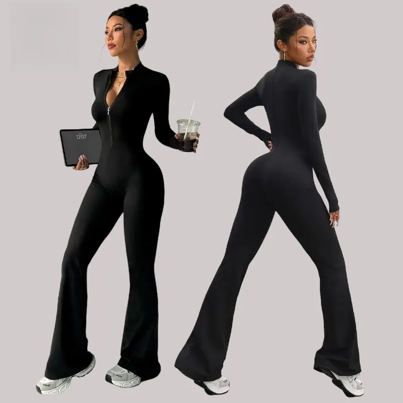 Nylon Yarn Zipper Long-sleeved Flare Pants Yoga One-piece Clothes Tight Fitness Sportswear Women's Jumpsuits
Nylon Yarn Zipper Long-sleeved Flare Pants Yoga One-piece Clothes Tight Fitness Sportswear Women's Jumpsuits