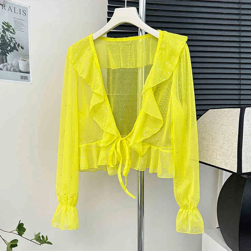 Design Sequin Top Sunscreen Clothing Women Sweet Ruffle Lace-up Sunscreen Cardigan Jackets New Summer Thin Small Shawl
Design Sequin Top Sunscreen Clothing Women Sweet Ruffle Lace-up Sunscreen Cardigan Jackets New Summer Thin Small Shawl