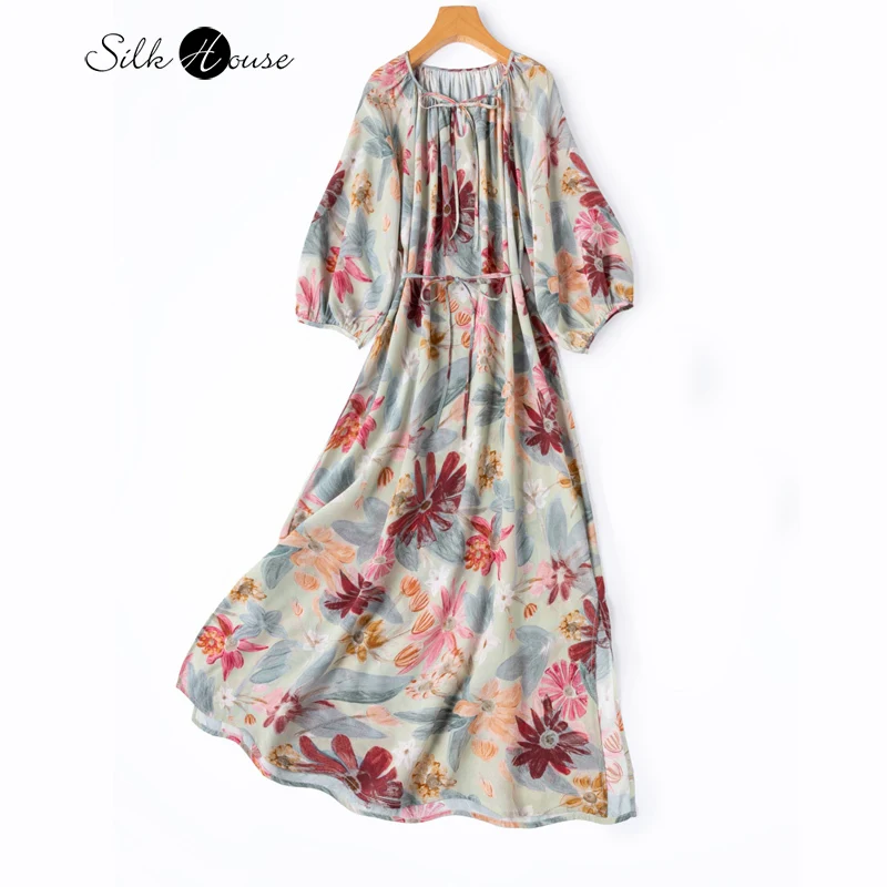 Vacation Style 100%Natural Mulberry Silk Crepe De Chine Tropical Style Floral Print Round Neck Lantern Sleeve Slit Women's Dress
Vacation Style 100%Natural Mulberry Silk Crepe De Chine Tropical Style Floral Print Round Neck Lantern Sleeve Slit Women's Dress