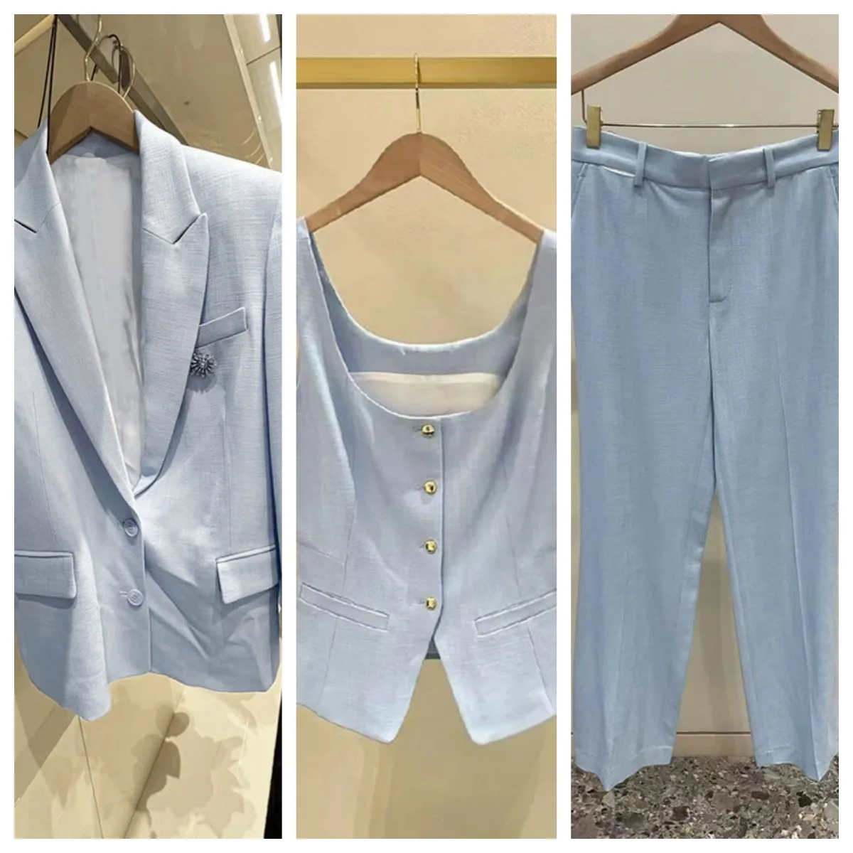 Ladies' Sky Blue Set Collar Single Breasted Long Sleeved Suit + Sleeveless Vest + Long Pants for Spring/Summer 2026
Ladies' Sky Blue Set Collar Single Breasted Long Sleeved Suit + Sleeveless Vest + Long Pants for Spring/Summer 2026