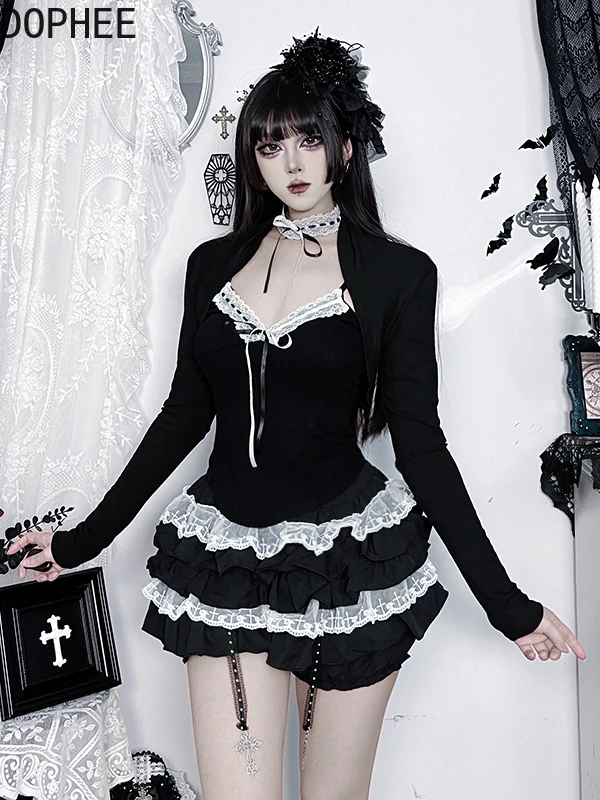 Dark Style Hot Chick Black Long Sleeve Cardigans Crop Top Slimming Camisole Elegant Lace Elastic Waist Y2k Fluffy Short Skirts
Dark Style Hot Chick Black Long Sleeve Cardigans Crop Top Slimming Camisole Elegant Lace Elastic Waist Y2k Fluffy Short Skirts