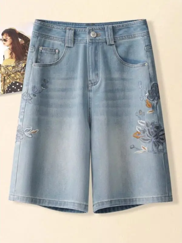 Blue Embroidered Denim Five-Quarter Short Pants High Waist Straight Leg Slimming Chinese Style Wide Leg Mid-Pants Thin
Blue Embroidered Denim Five-Quarter Short Pants High Waist Straight Leg Slimming Chinese Style Wide Leg Mid-Pants Thin