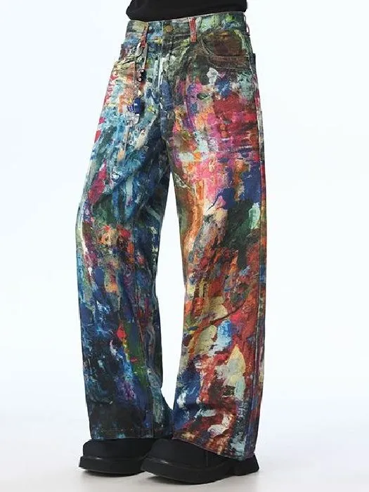Retro American Dyeing Oil Painting Print Men's Loose Wide Leg Jeans fiti Design Slimming Effect Long Pants
Retro American Dyeing Oil Painting Print Men's Loose Wide Leg Jeans fiti Design Slimming Effect Long Pants
