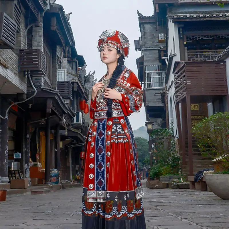 Miao Ethnic Clothing Hmong Village Costume Red National Minority Top Skirt Headwear Collar Long Skirt Stage Performance Costume
Miao Ethnic Clothing Hmong Village Costume Red National Minority Top Skirt Headwear Collar Long Skirt Stage Performance Costume