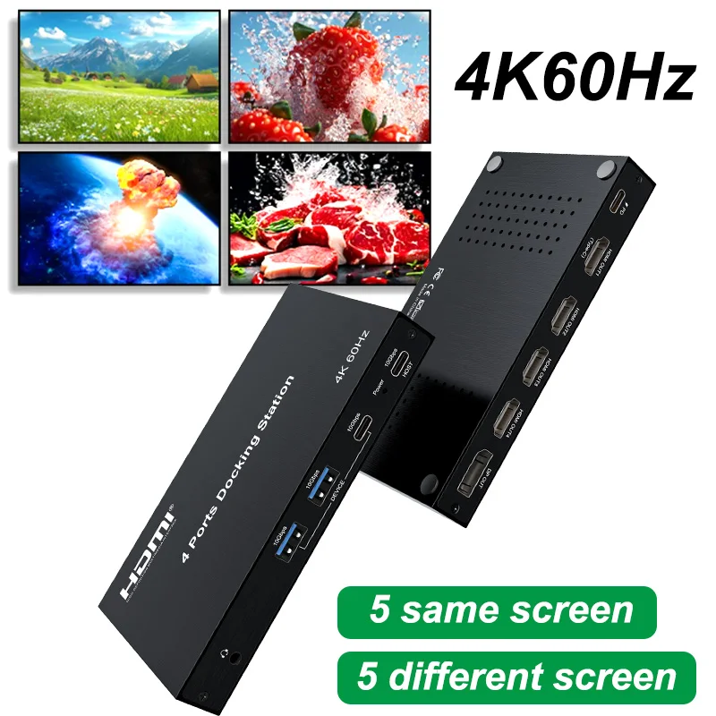 4K 60Hz 4 Ports HDMI Docking Station Extended Expansion Copy Mode 5 Same Different Screen Display 2 USB 3.0 for Keyboard Mouse
4K 60Hz 4 Ports HDMI Docking Station Extended Expansion Copy Mode 5 Same Different Screen Display 2 USB 3.0 for Keyboard Mouse