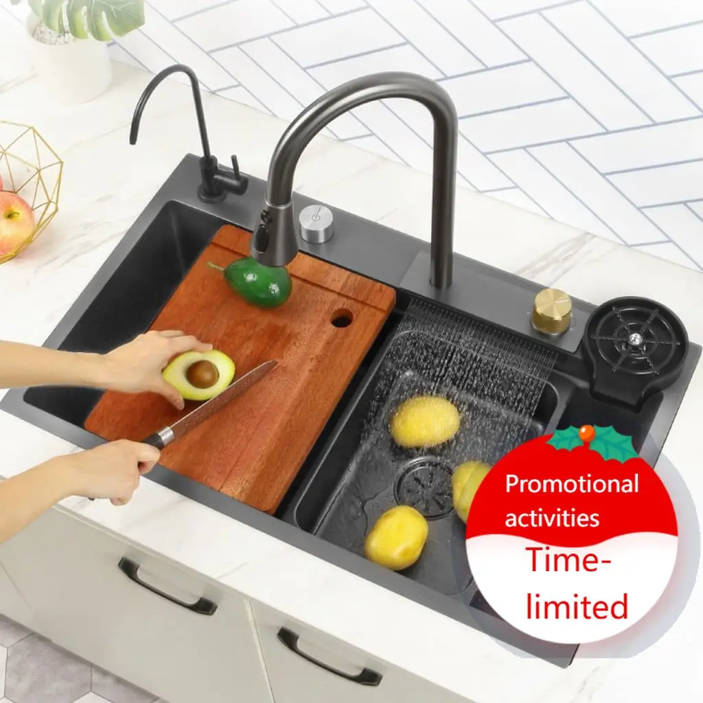 Black Waterfall Kitchen Sink, Drop in Single Bowl Stainless Steel Bar Sink with Cup Washer Sinks, Topmount Workstation Kitchen S
Black Waterfall Kitchen Sink, Drop in Single Bowl Stainless Steel Bar Sink with Cup Washer Sinks, Topmount Workstation Kitchen S