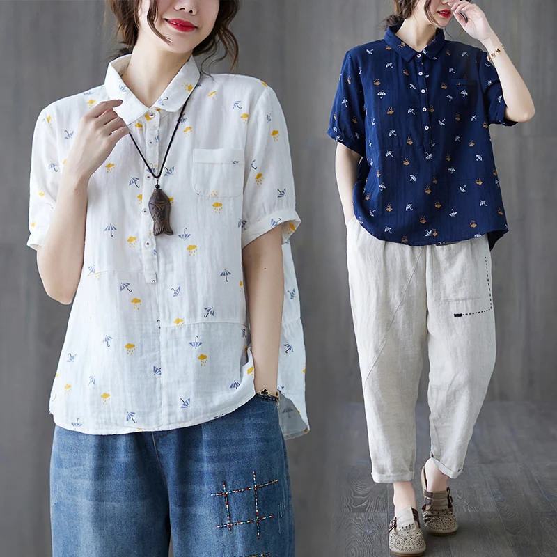 Summer New Artistic Style Sweet Loose Short Sleeve Double Layer Cotton Print T-Shirt Women's Top Small Shirt Short Sleeve
Summer New Artistic Style Sweet Loose Short Sleeve Double Layer Cotton Print T-Shirt Women's Top Small Shirt Short Sleeve