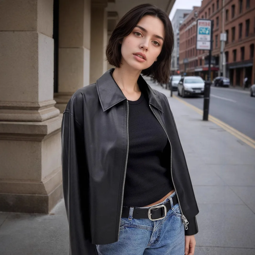 Autumn and winter new fashionable lapel zipper with double pockets black short leather jacket for women, cool and stylish style
Autumn and winter new fashionable lapel zipper with double pockets black short leather jacket for women, cool and stylish style