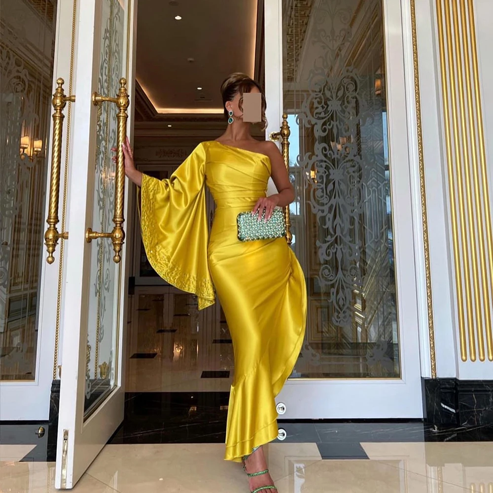 Customized Yellow One-Shoulder Satin Formal Evening Dress Full Sleeves Backless Ruched Ankle Length Party Prom Gown For Women
Customized Yellow One-Shoulder Satin Formal Evening Dress Full Sleeves Backless Ruched Ankle Length Party Prom Gown For Women