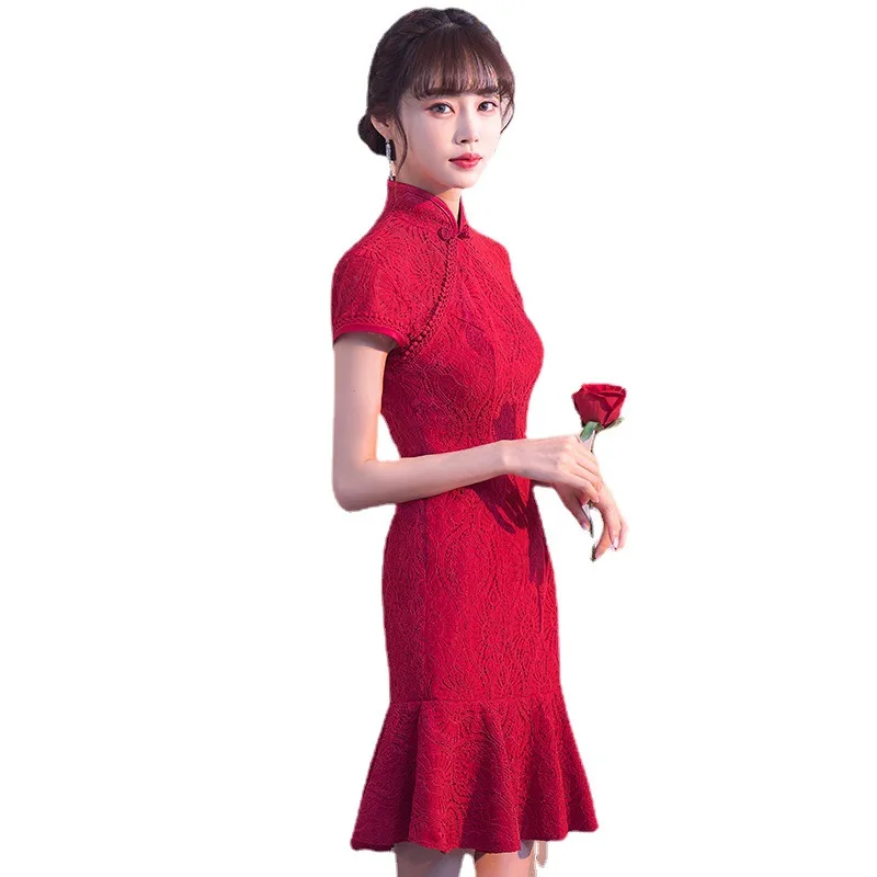 Summer Red Young Girls Fishtail Dress Fashion Lace Traditional Chinese Women's Cheongsam
Summer Red Young Girls Fishtail Dress Fashion Lace Traditional Chinese Women's Cheongsam