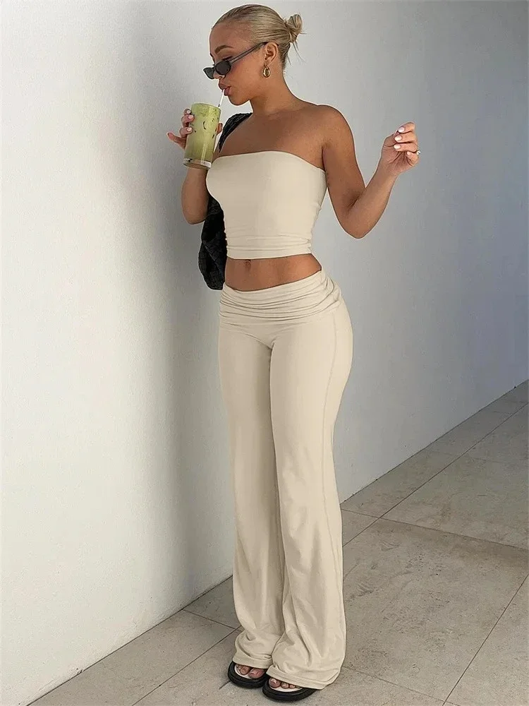 2 Pieces Fold Over Flared Pants Women's Matching Sets Strapless Tube Top Trousers Solid Color Slim Outfit Leisure Suit
2 Pieces Fold Over Flared Pants Women's Matching Sets Strapless Tube Top Trousers Solid Color Slim Outfit Leisure Suit