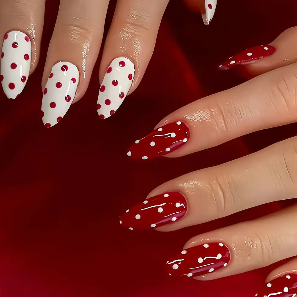24PCS Almond Press on False Nails Simple Red Polka Dots French Fake Nails for Women Girl Full Cover Wearable Sweet Nail Manicure
24PCS Almond Press on False Nails Simple Red Polka Dots French Fake Nails for Women Girl Full Cover Wearable Sweet Nail Manicure