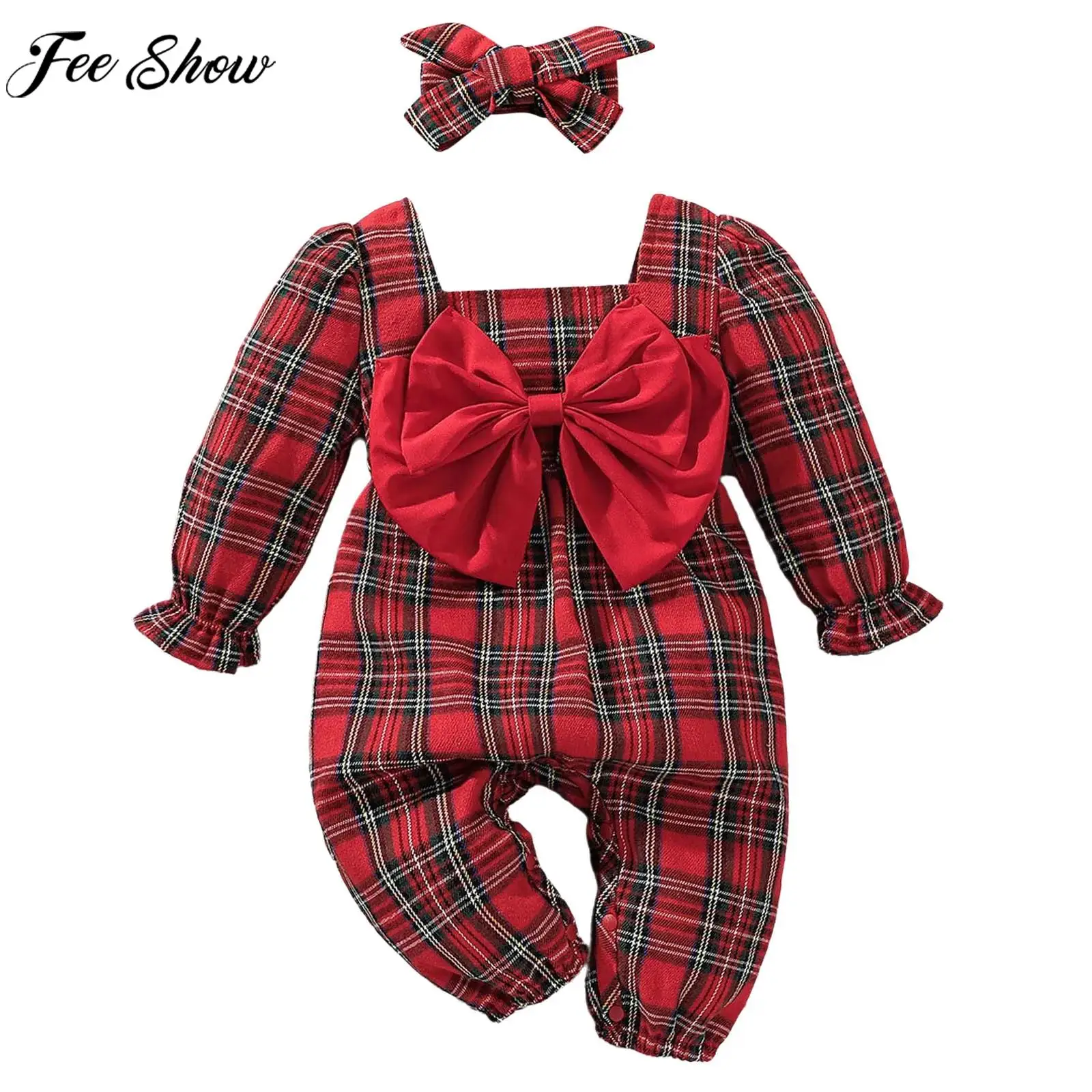 Baby Girls Christmas Costume Long Sleeve Red Bowknot Plaid Romper with Headband for Xmas New Year Party Carnival Photography
Baby Girls Christmas Costume Long Sleeve Red Bowknot Plaid Romper with Headband for Xmas New Year Party Carnival Photography