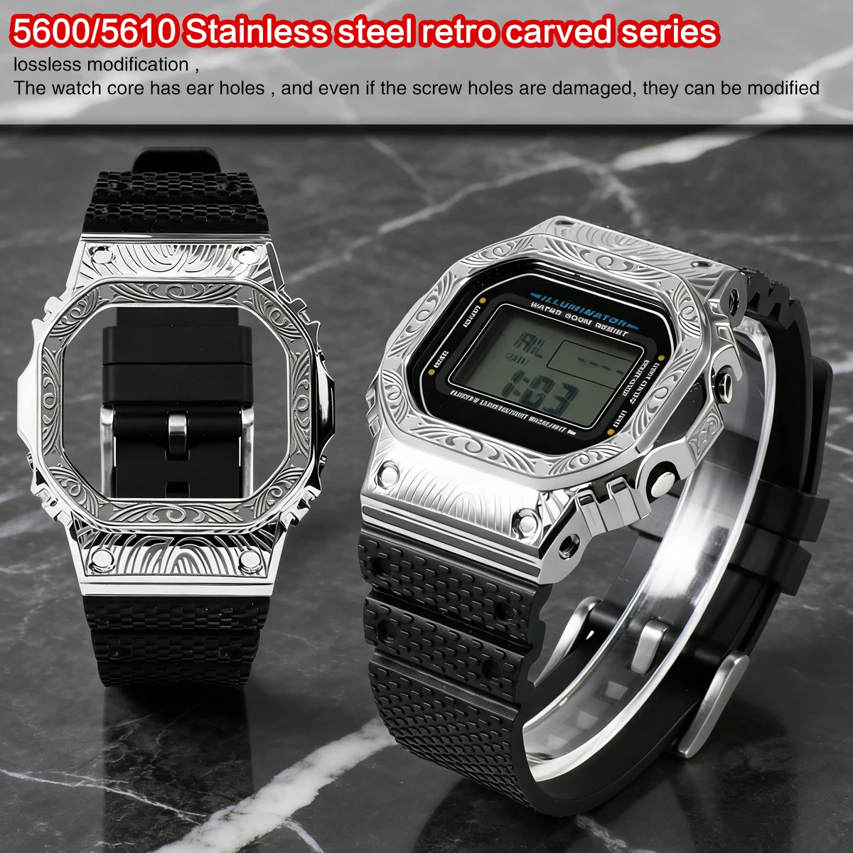 Комплект для модификации DW5600: корпус из нержавеющей стали с тиснением и ремешок из фторкаучука с интегрированным креплением для DW-5600, GW-M5610, G-5600
Комплект для модификации DW5600: корпус из нержавеющей стали с тиснением и ремешок из фторкаучука с интегрированным креплением для DW-5600, GW-M5610, G-5600