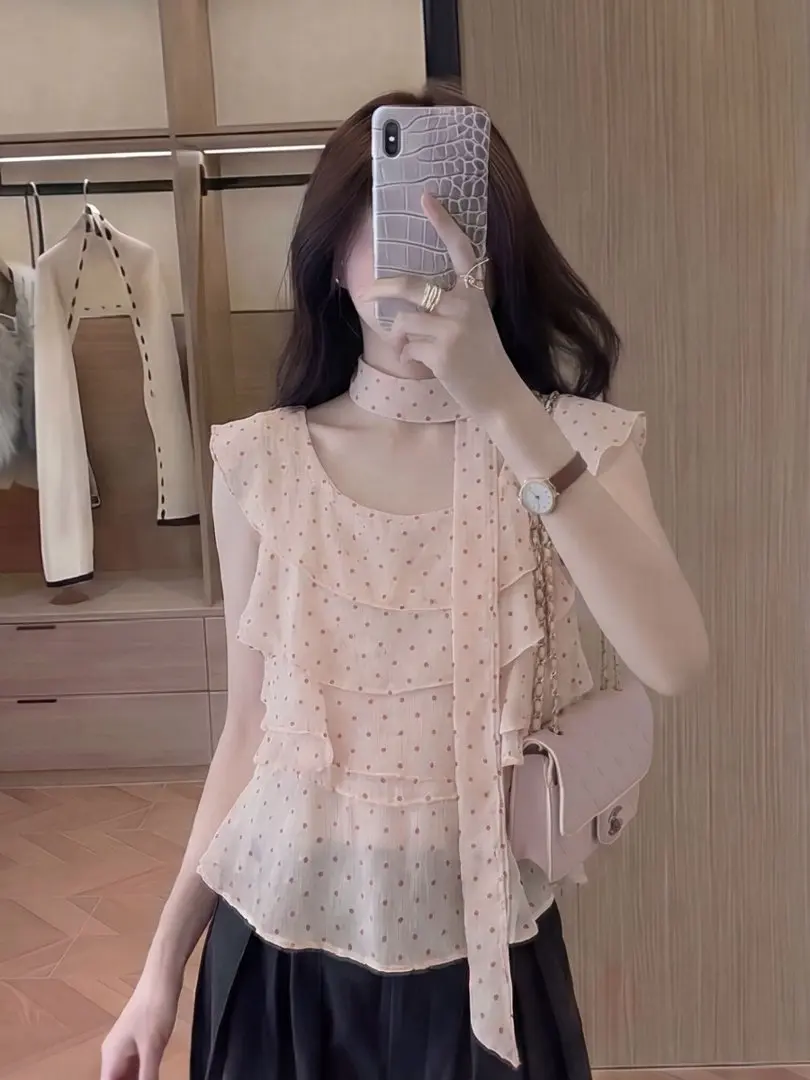 Pink Polka Dot Lace Trim Blouse Women Summer Thin Elegant Fairylike Flounce Sleeve Chiffon Shirt Stand Collar Half Sleeve
Pink Polka Dot Lace Trim Blouse Women Summer Thin Elegant Fairylike Flounce Sleeve Chiffon Shirt Stand Collar Half Sleeve