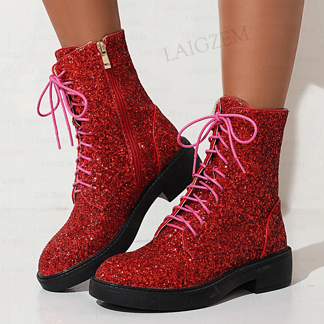 LAIGZEM Women Ankle Boots Side Zip Up Bling Glitter 4CM Mid Heels Round Toe Ladies Shoes Woman Handmade Plus Big Size 39 41 43
LAIGZEM Women Ankle Boots Side Zip Up Bling Glitter 4CM Mid Heels Round Toe Ladies Shoes Woman Handmade Plus Big Size 39 41 43