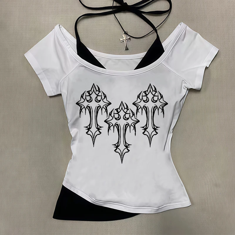 2025 New Y2K Printed Dark Cross Printed Street Gothic Short Top Hot and Sexy Off Shoulder and Umbilical Fake Two piece T-shirt
2025 New Y2K Printed Dark Cross Printed Street Gothic Short Top Hot and Sexy Off Shoulder and Umbilical Fake Two piece T-shirt