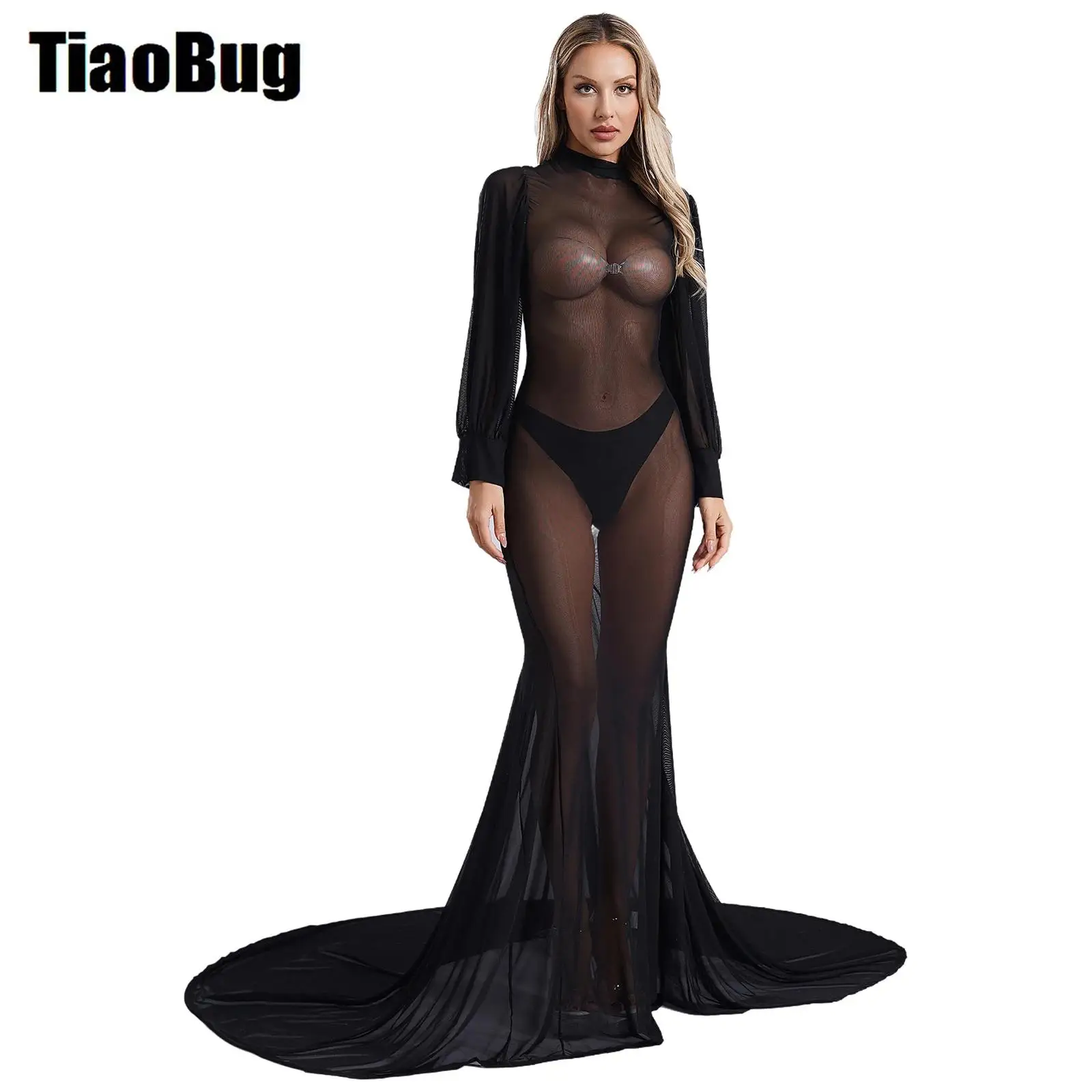 Womens See-Through Dress High Collar Long Sleeve Court Train Sheer Cover-up Mesh Maxi Dress for Photography Nightwear
Womens See-Through Dress High Collar Long Sleeve Court Train Sheer Cover-up Mesh Maxi Dress for Photography Nightwear